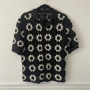 Zara Geometric Crochet Flower Granny Square Relaxed Shirt Black Size M Button Up